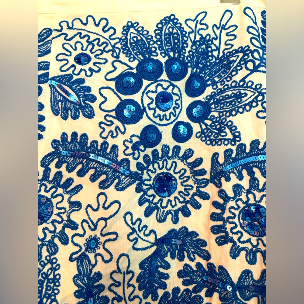 Blue and white skirt. Embroidered and sequin accents.